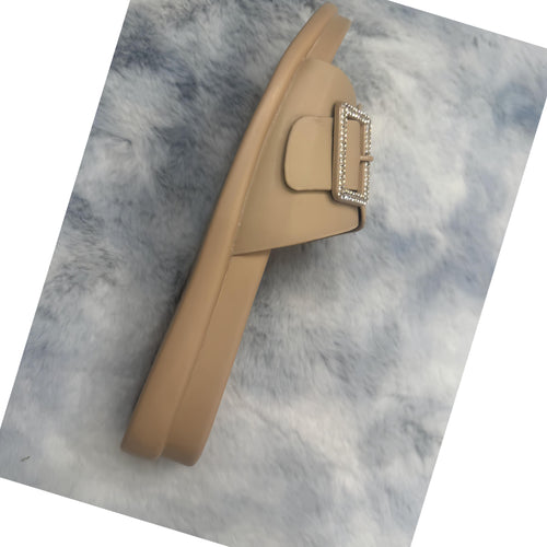 Beige Rhinestone Buckle Slide Sandals
