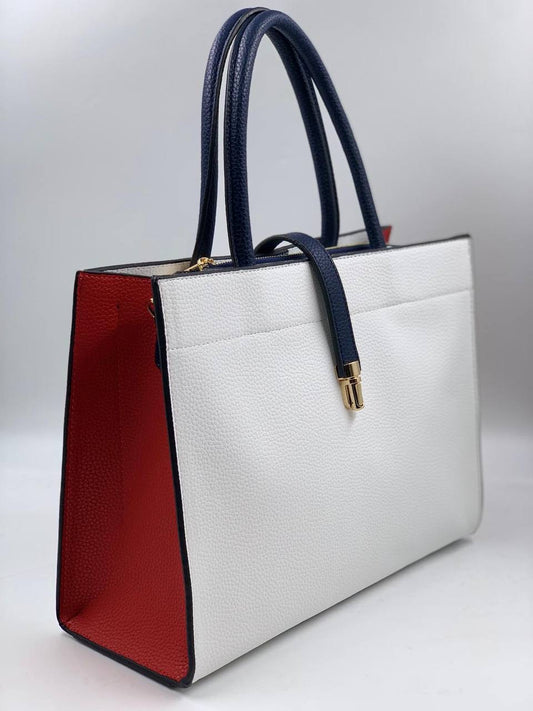 White Leather Handbag, red detailed