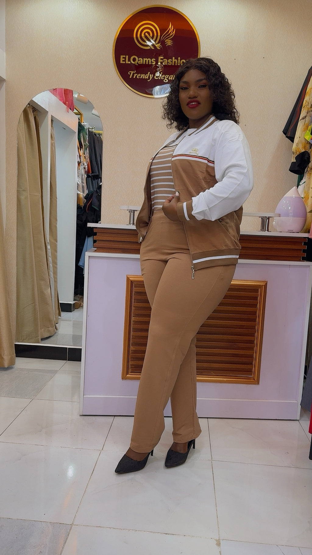 Brown stripped Top, 3 piece Tracksuit