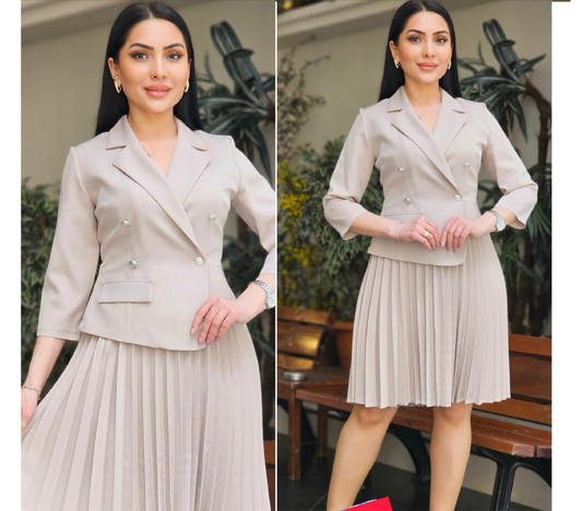 Beige Pleated Skater Dress, small size