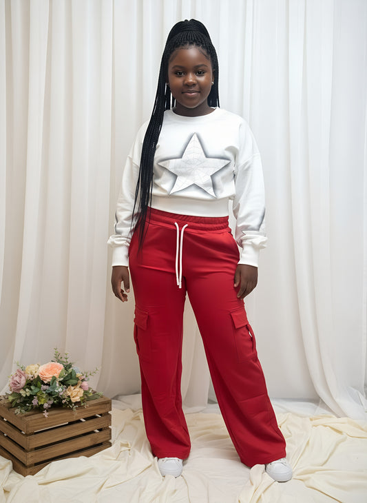 White crop top on red pocket pant, Teen sets