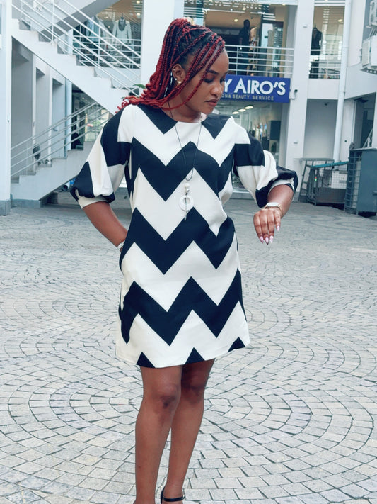 Off~ white on black shift dress