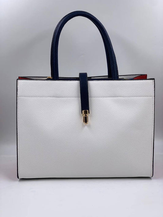 White Leather Handbag, red detailed