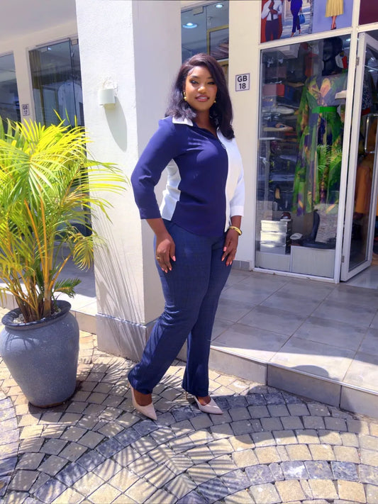 Navy white on Navy blue Checked pant set