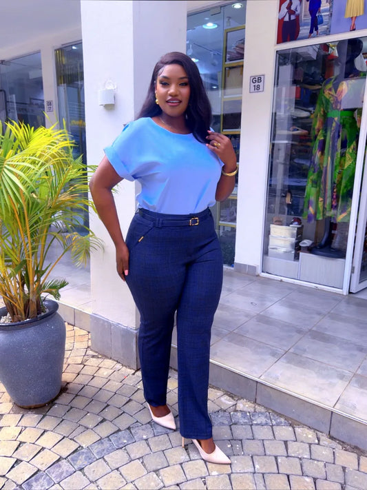 Blue Checked pant with White Top