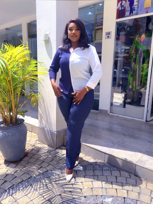 Navy white on Navy blue Checked pant set