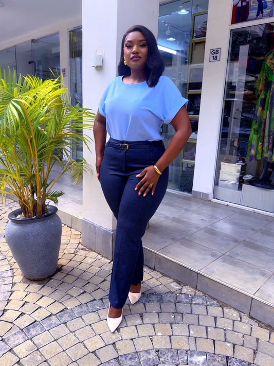 Blue Checked pant with White Top