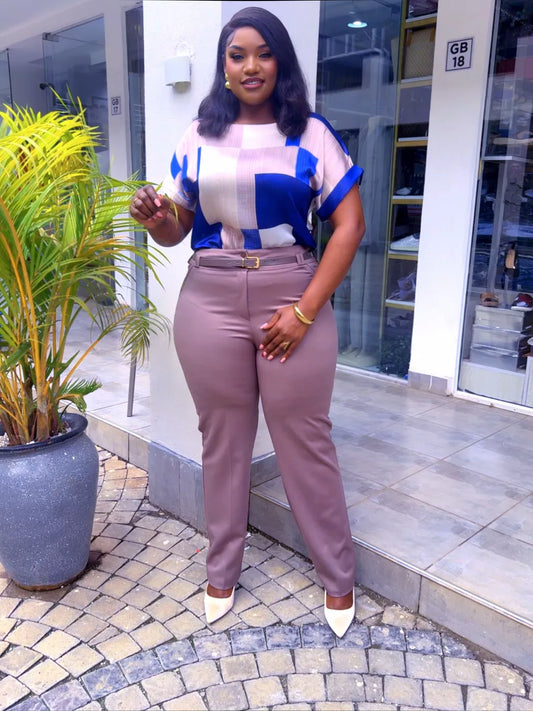 Beige & blue print  Pant Set