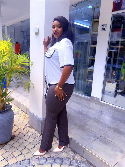 Brown Checked pant with White Top